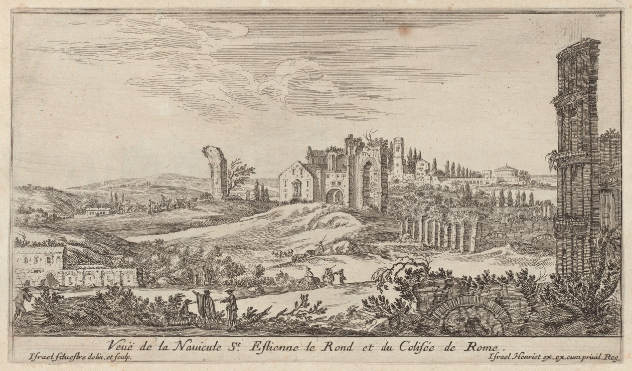 Veuë de la Navicule St. Estienne le Rond et du Colisée de Rome door Israël Silvestre