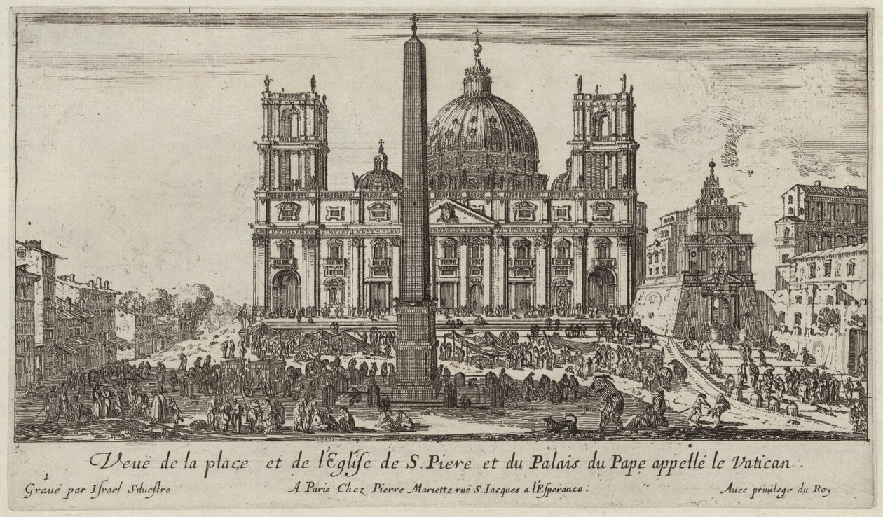 Uitzicht op het plein en de kerk van S. Piere en het pauselijk paleis genaamd het Vaticaan door Israël Silvestre