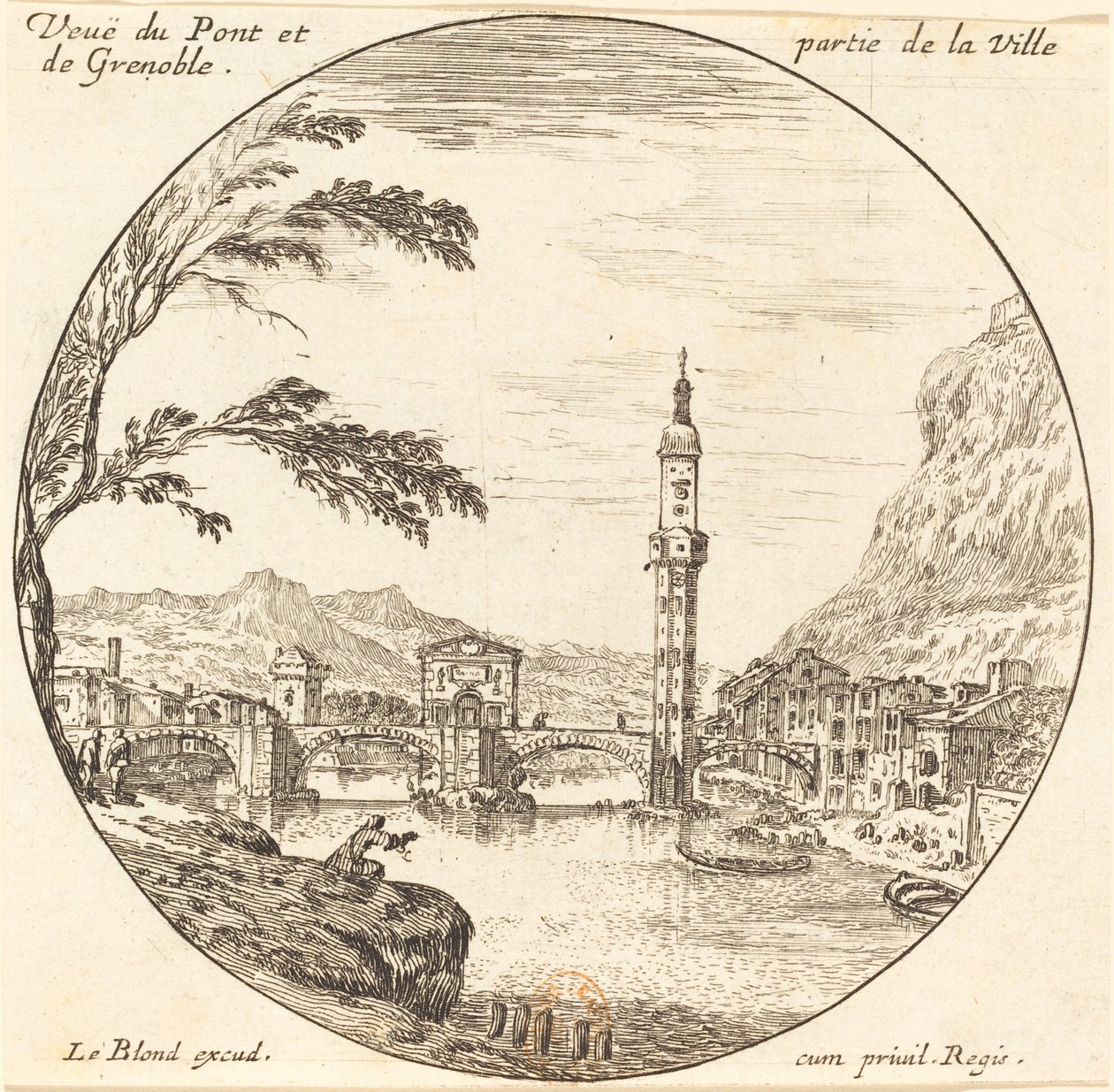 Gezicht op de brug en een deel van de stad Grenoble door Israël Silvestre