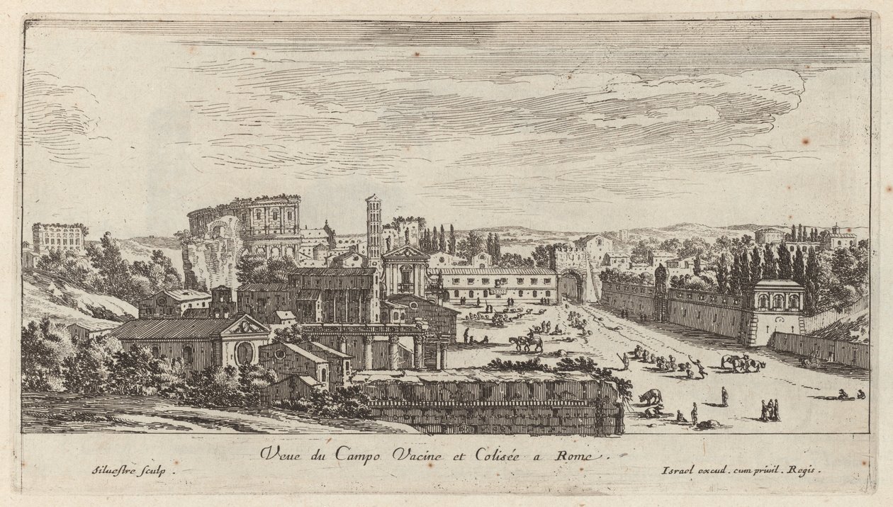 Uitzicht op het Campo Vaccino en het Colosseum in Rome door Israël Silvestre