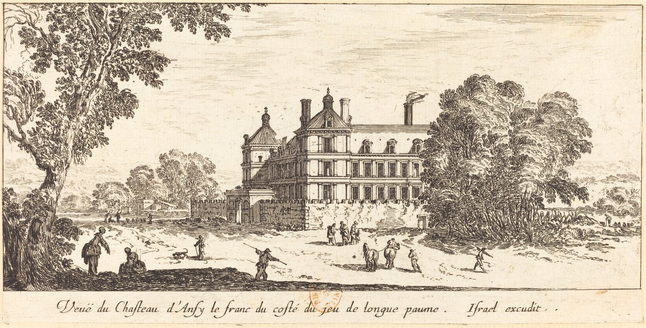 Uitzicht op het kasteel van Ansy le franc vanaf de lange paume-baan door Israël Silvestre