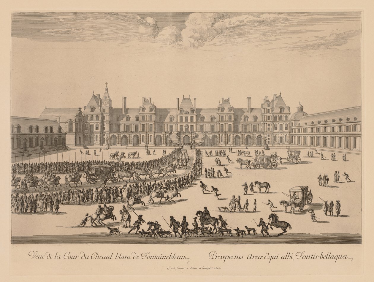 Zicht op de Cour du Cheval-Blanc van Fontainebleau door Israël Silvestre