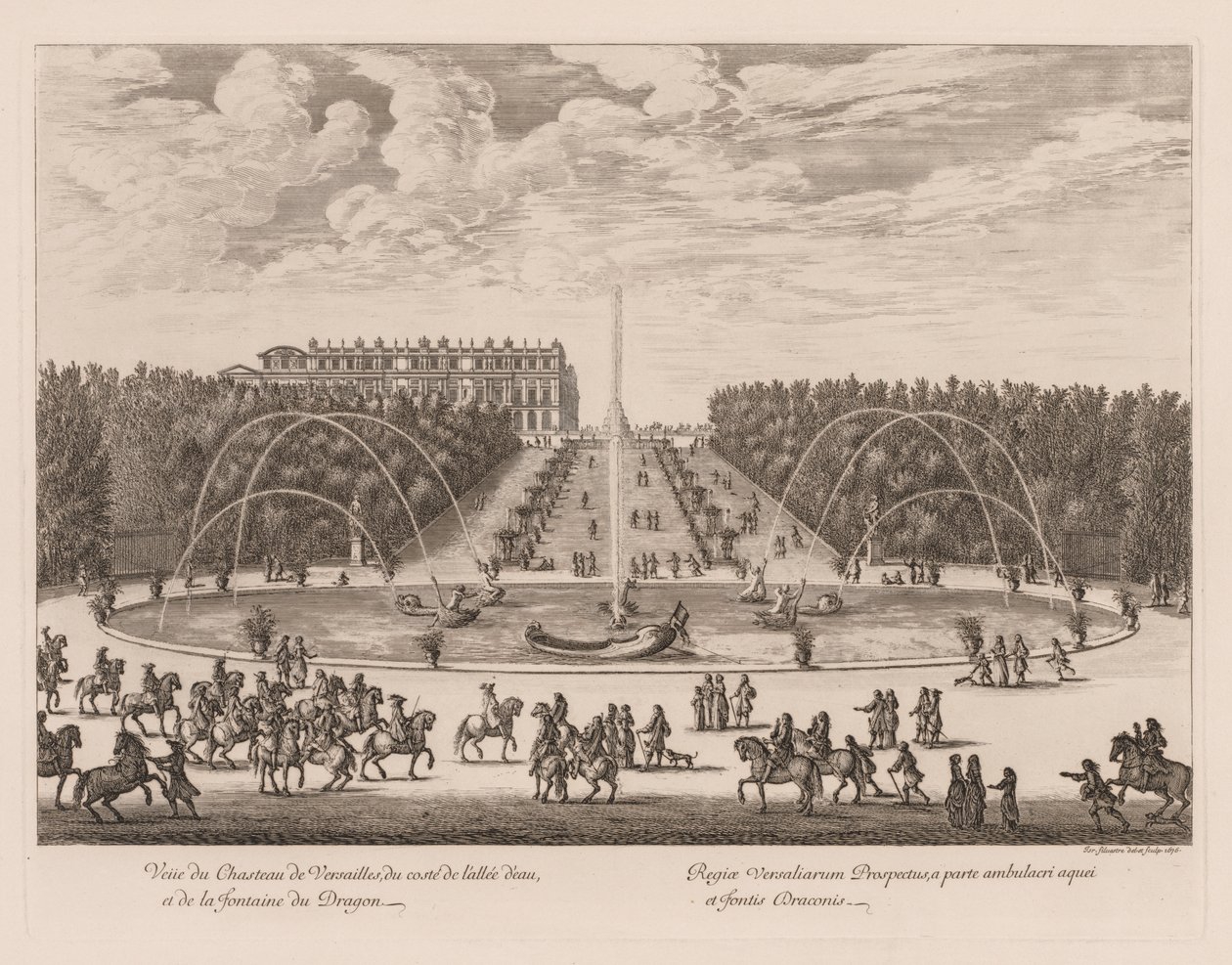 Uitzicht op het Kasteel van Versailles, vanaf de kant van de laan en de Drakenfontein door Israël Silvestre