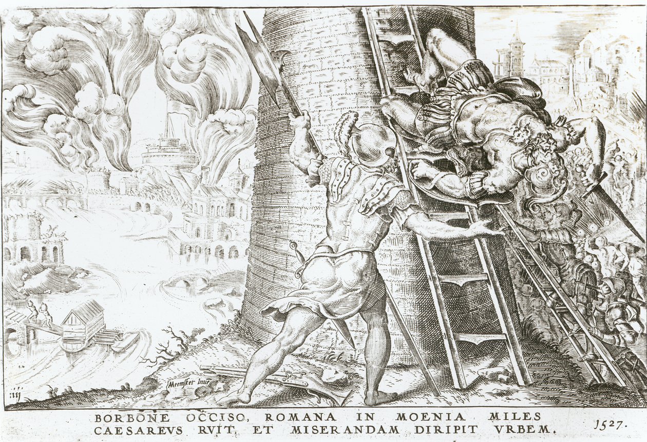 Bij de dood van Karel Bourbon (1490-1527), bestormen de troepen van Karel V (1500-58) de muren van Rome, 1527 door Italian School