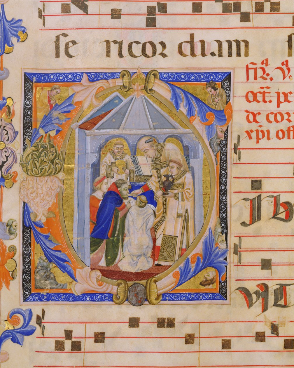 Ms 570 f.81v Geïllustreerde initiaal C die de Eucharistie afbeeldt, uit Missaal D, door een Toscaanse verluchter, uit San Marco e Cenacoli door Italian School