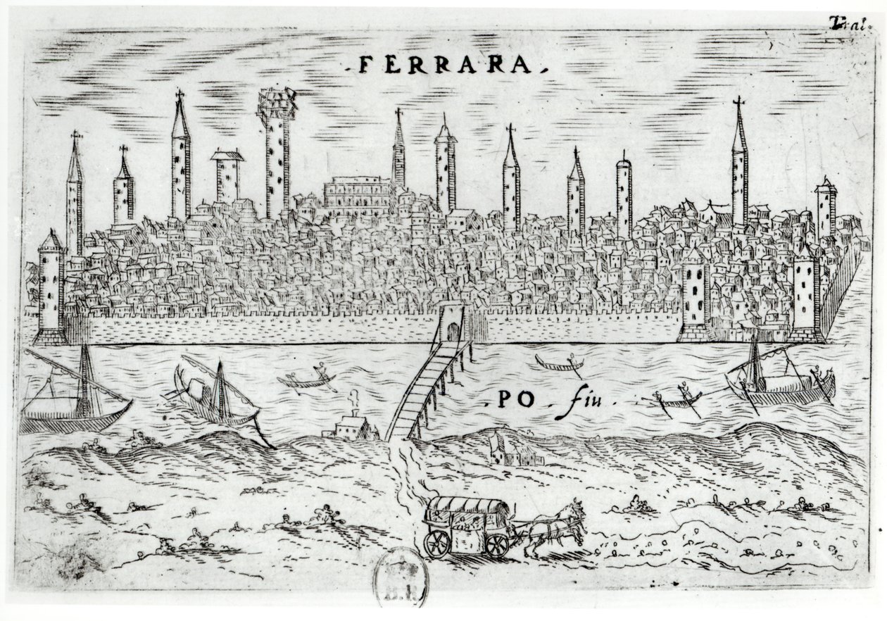 Panoramisch uitzicht op Ferrara vanaf de overkant van de rivier de Po door Italian School