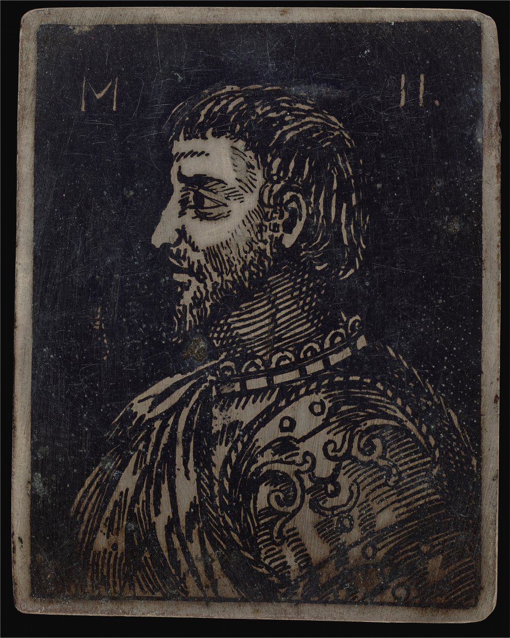 Borstbeeld van een bebaarde man met sierlijk borstplaat naar links door Italian 16th Century