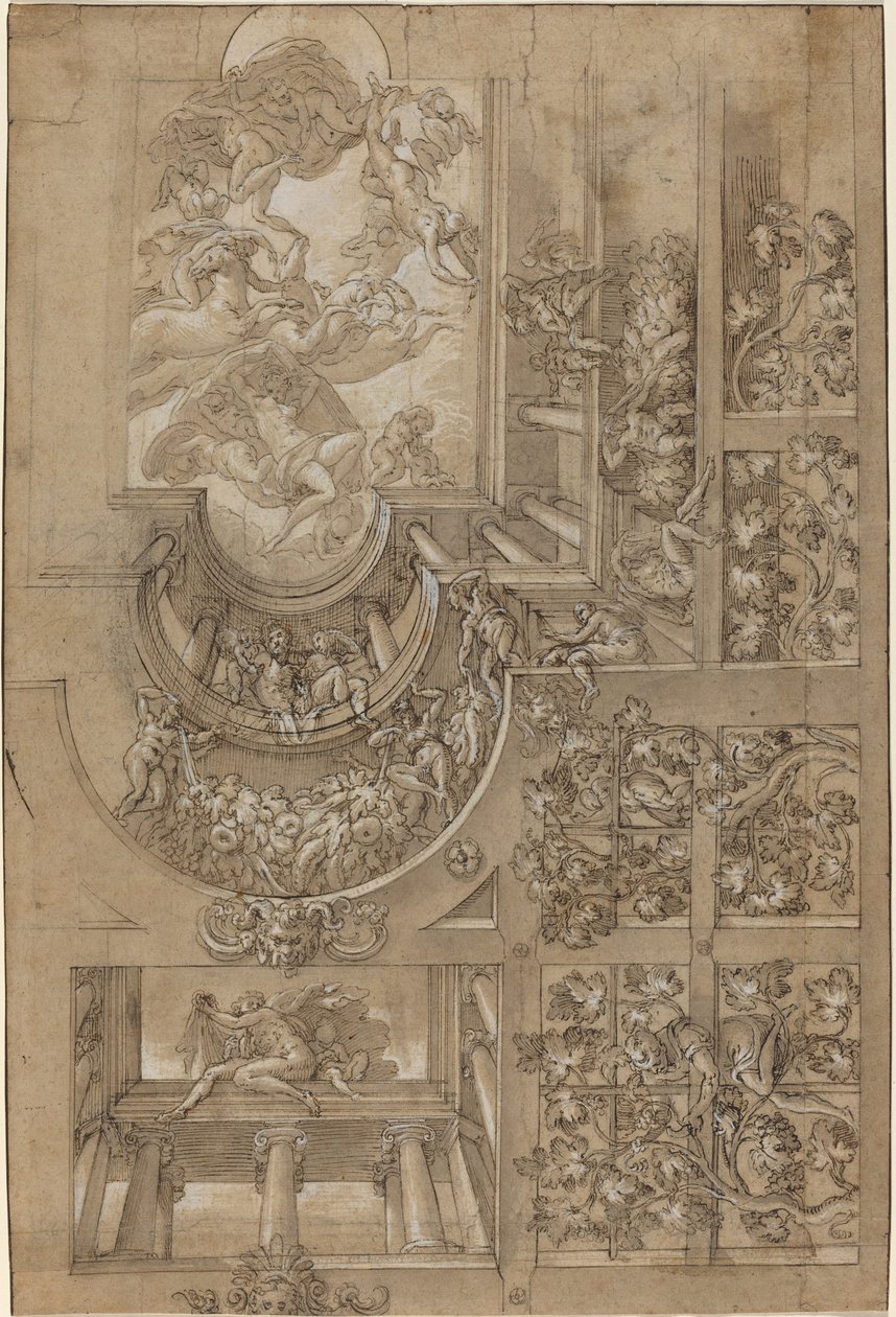 Illusionistisch plafond met een druivenprieel, figuren op galerijen en een centrale scène van Olympische goden door Italian 16th Century