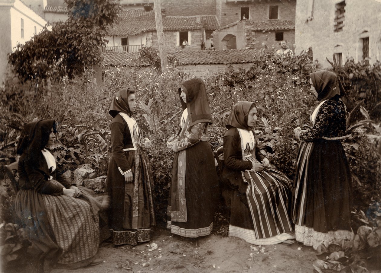Groep vrouwen in traditionele kostuums in tuin, Sardinië, Italië door Italian Photographer