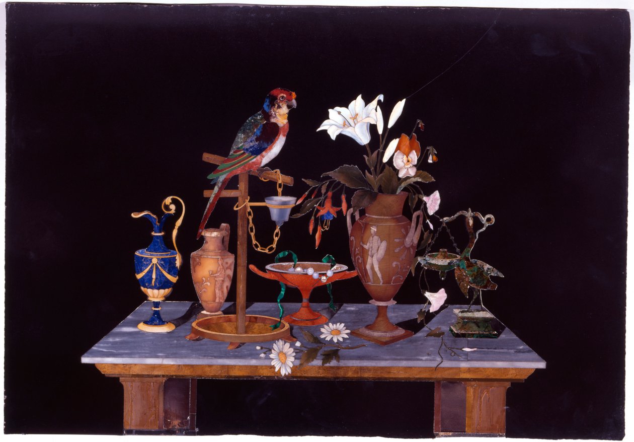 Een Florentijnse Pietra Dura Plaque met een Papegaai op zijn Stok op een Tafel met een Etruskische Krater Vaas, een Vaas met Bloemen en Kannetjes door Italian School