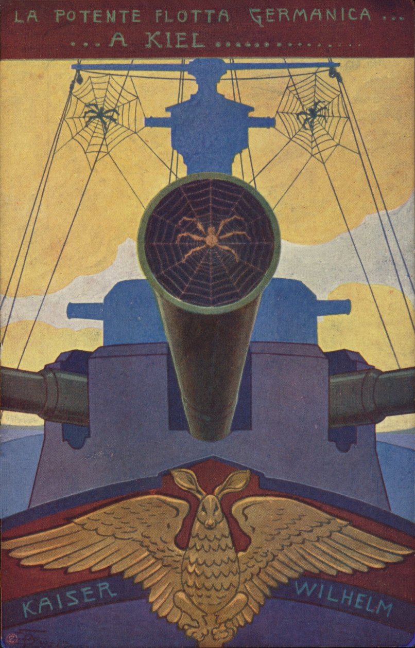 Een Duits slagschip bedekt met spinnenwebben (kleurenlitho) door Italian School