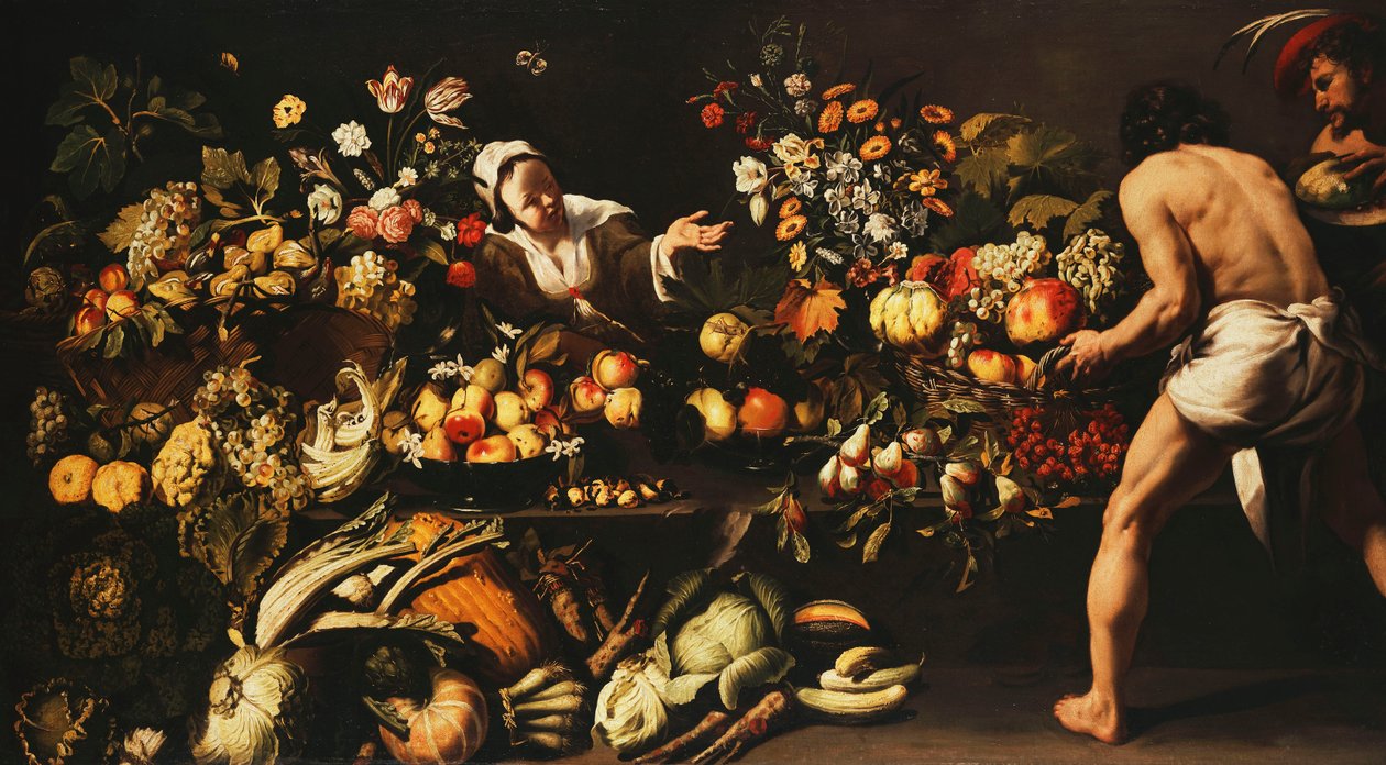 Een voorraadkast gevuld met groenten, bloemen en fruit door Italian School