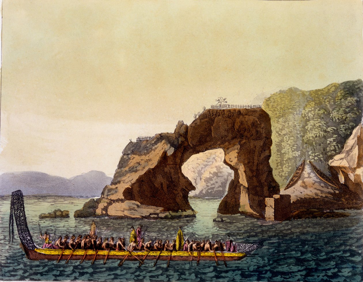 Een Maori versterkt uitkijkpunt in Nieuw-Zeeland, gecombineerd met Maori oorlogskano, 1820s-30s door Italian School