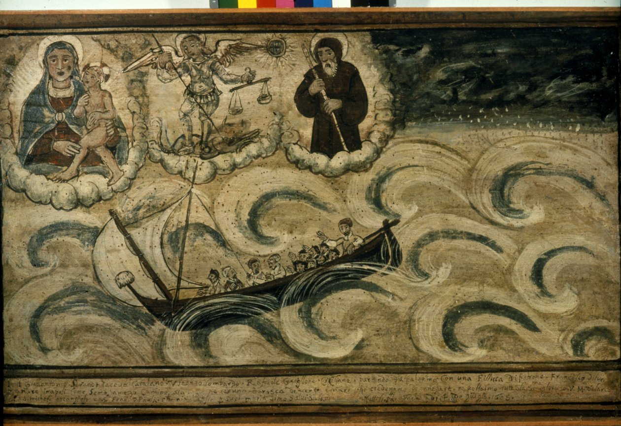 Een vissersboot vlucht voor de storm. Ex voto uit de 17e eeuw uit de ...