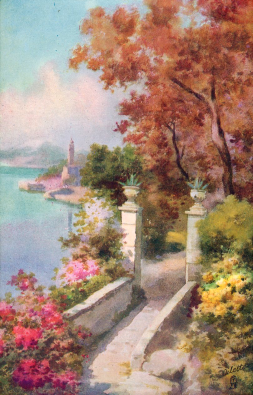 Een villa aan het Lago Maggiore, Italië (kleurenlitho) door Italian School