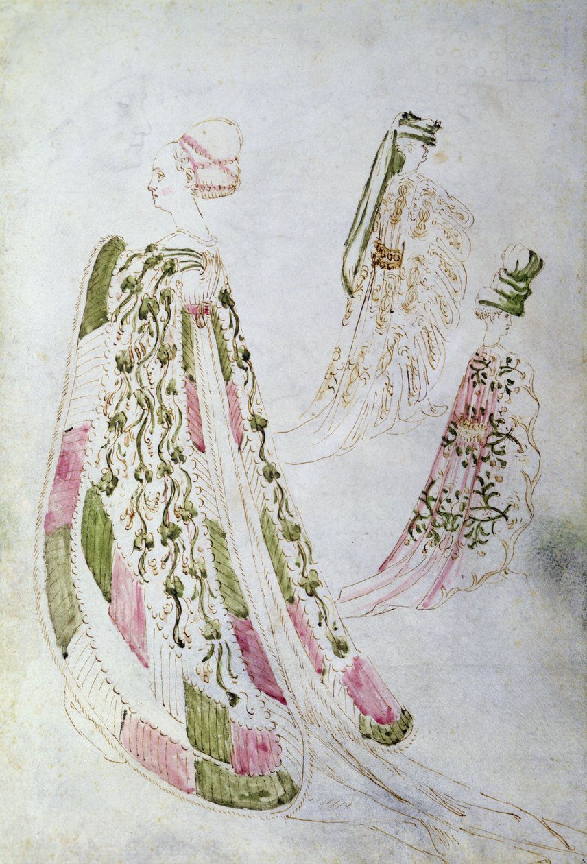 Een vrouw en twee mannen met lange jassen, ca. 1450 door Italian School