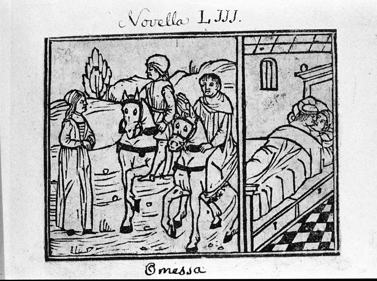 Een vrouw ontmoet twee ruiters en heeft een koppel in een kamer. Illustratie voor het verhaal 53 (Verhaal 3 van de 6e dag) van de 