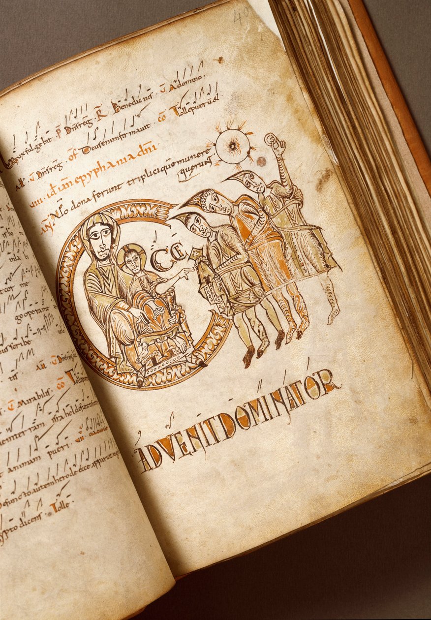 Aanbidding der Wijzen Manuscript van de Bolognese school. (Ms.123-Foglio 40 r) 11e eeuw Rome, Biblioteca Angelica door Italian School