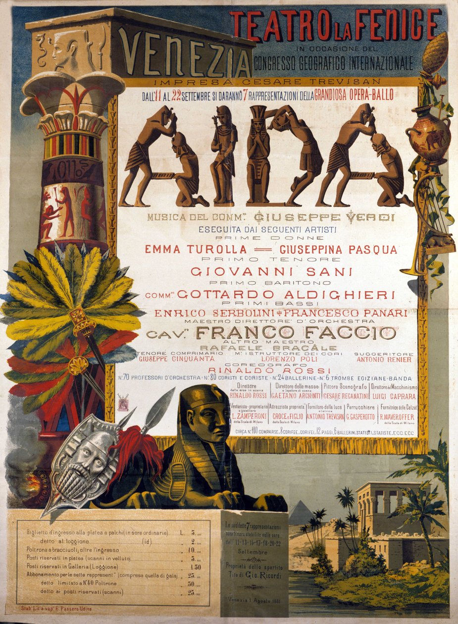 Affiche van de presentatie van Aida van Giuseppe Verdi in La Fenice in Venetië in 1881 door Italian School