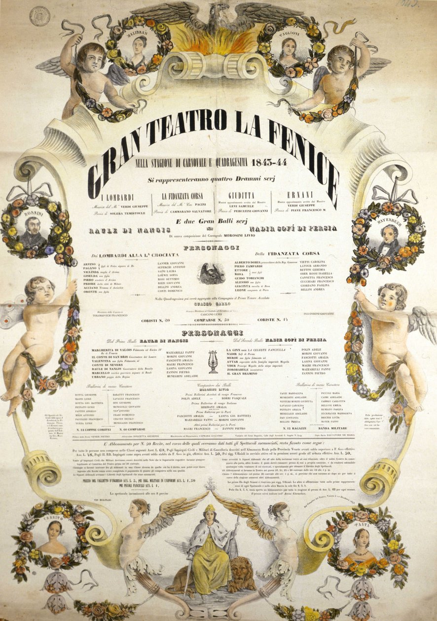 Affiche van het Theater La Fenice in Venetië voor het seizoen 1843 - 1844 door Italian School