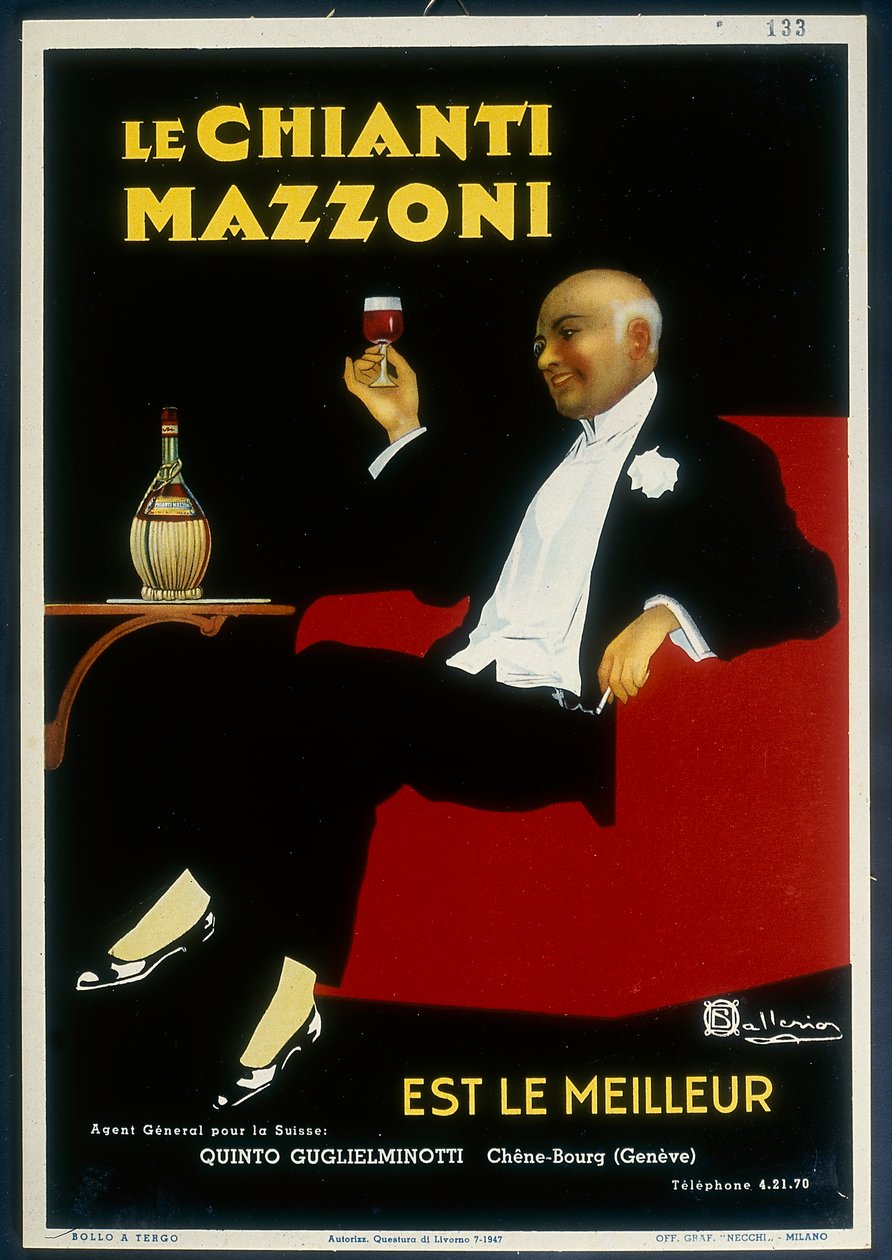 Een historische poster van "Mazzoni" Chianti door Italian School