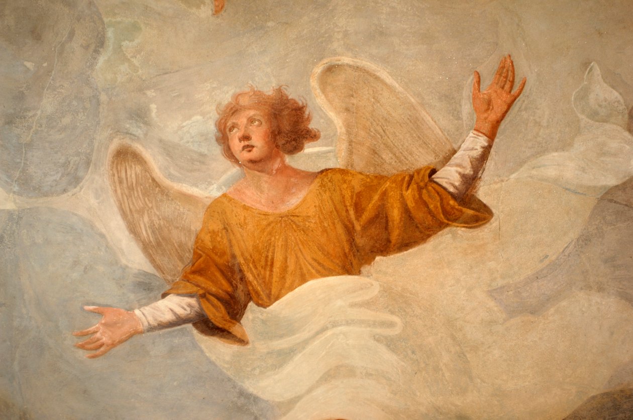 Engel, detail uit scènes uit het leven van Johannes (17e eeuw), fresco, vroegchristelijke doopkapel, portiek van de kathedraal van Novara, Piemonte, Italië door Italian School