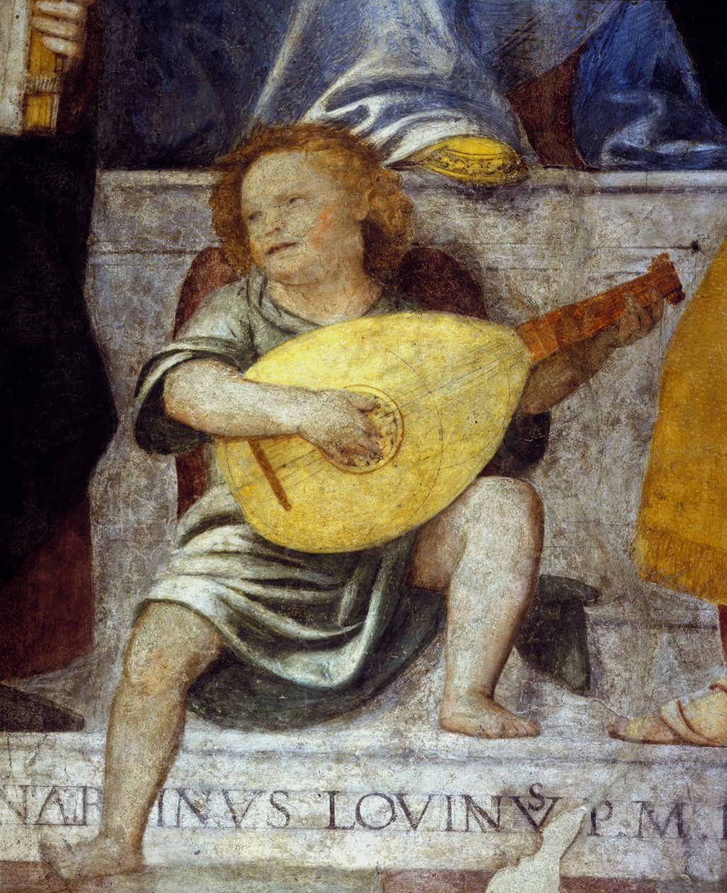 Engel muzikant die luit speelt. Detail van een 17e-eeuwse fresco uit een kerk in Milaan. door Italian School