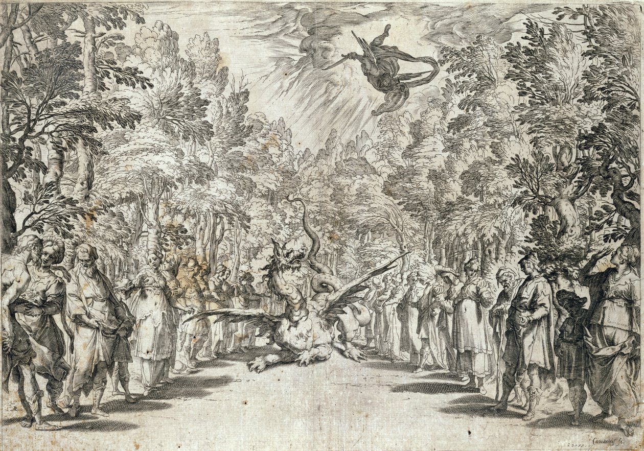 Apollo op het Punt om de Python aan te Vallen, uit La Pellegrina door Girolamo Bargagli, gegraveerd door Carracius door Italian School