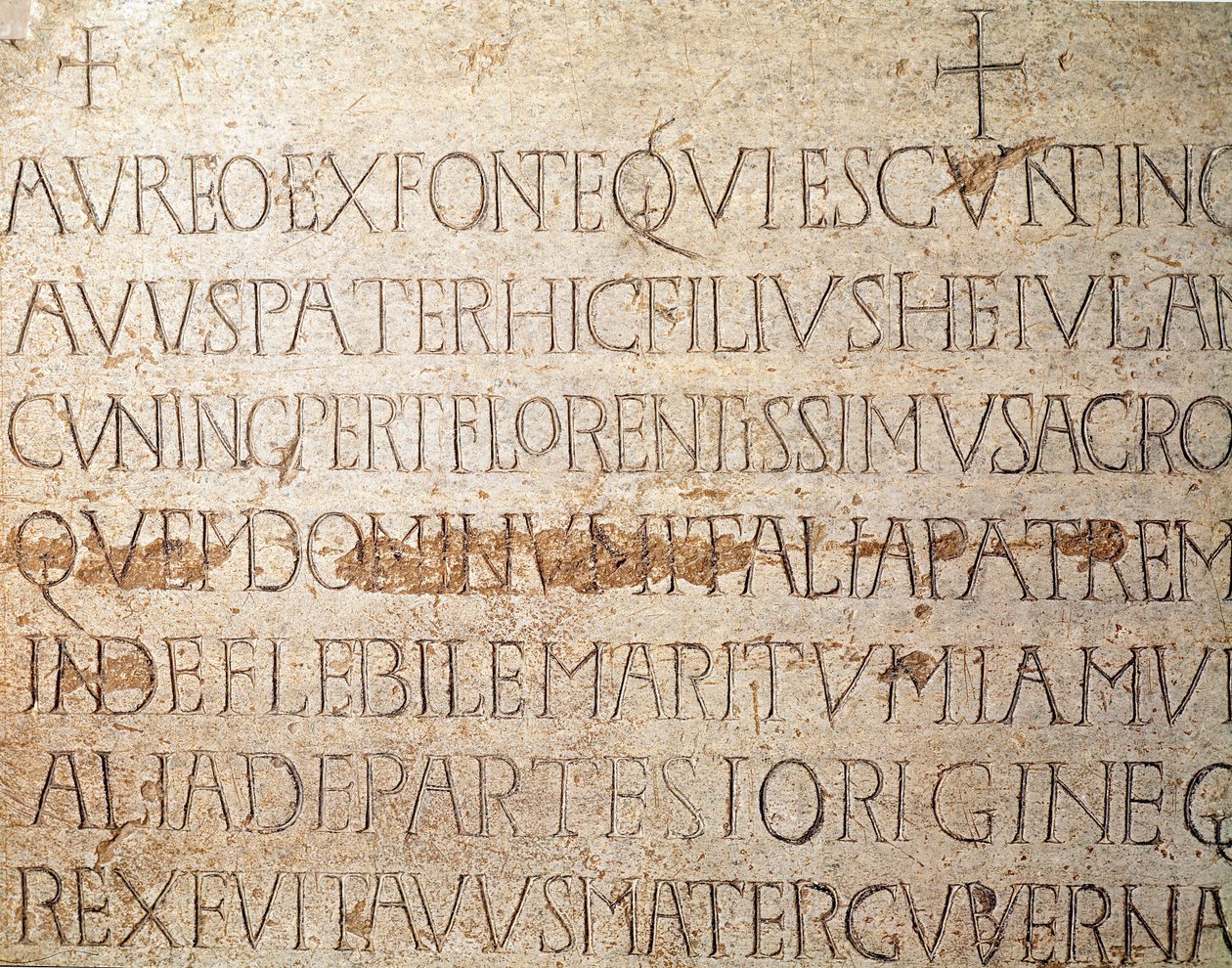 Archeologie van de Middeleeuwen. Barbarenkunst van Lombardije: grafsteen van de Lombardische koning Cunipert, bekend als de Vrome (Cuniperto, 678-700). Lombardische kunst. Pavia, Civiek Museum, Archeologische Sectie door Italian School