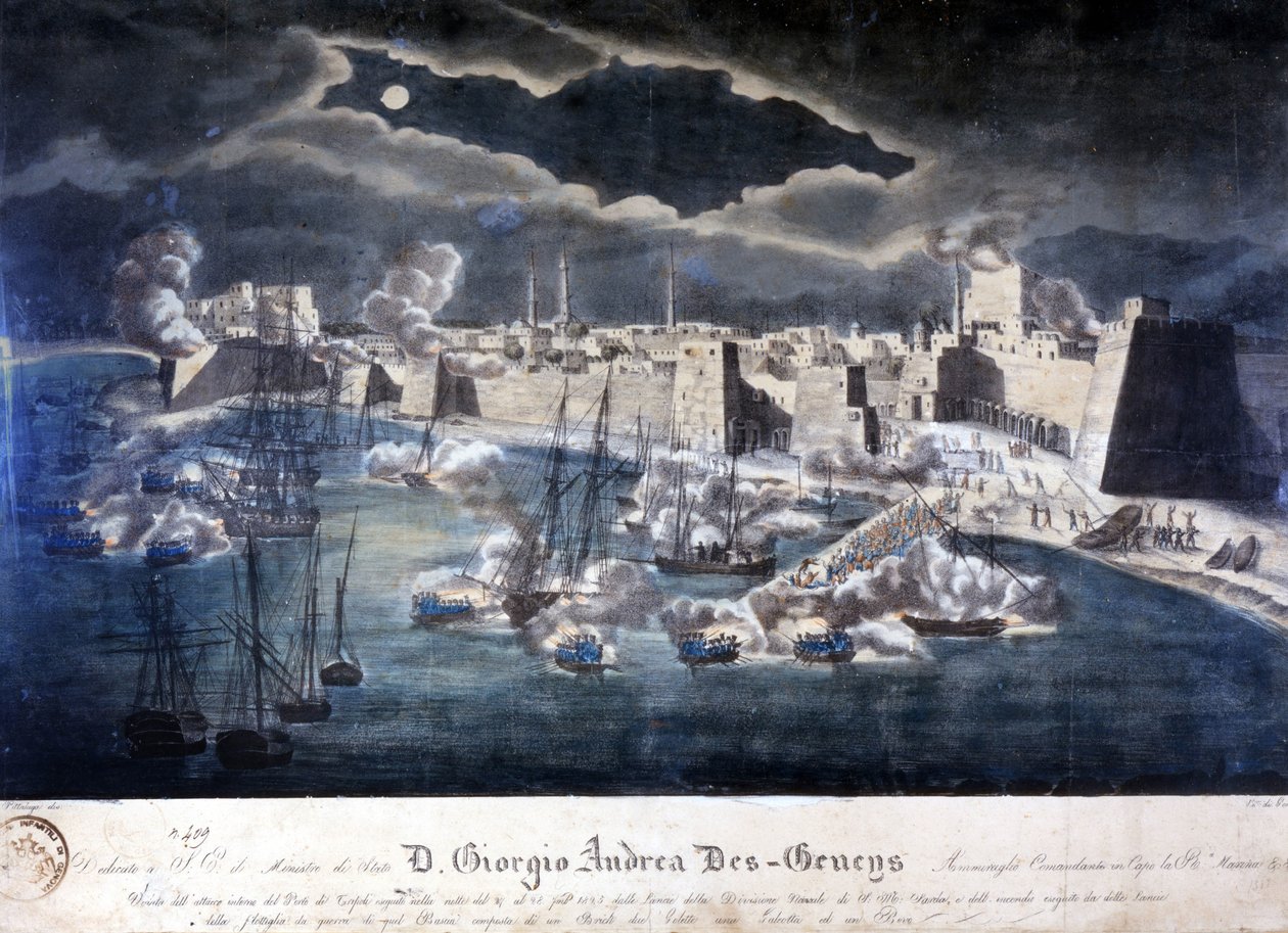 Aanval door de Sardijnse marine op de haven van Tripoli tijdens operaties tegen Barbarijse piraterij in 1825. door Italian School