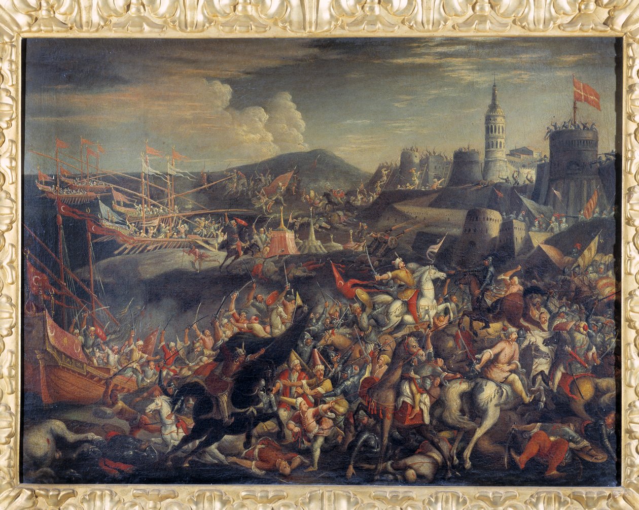 Aanval van de Saracenen op het eiland Malta, verdedigd door de Hospitaalridders in 1565 door Italian School