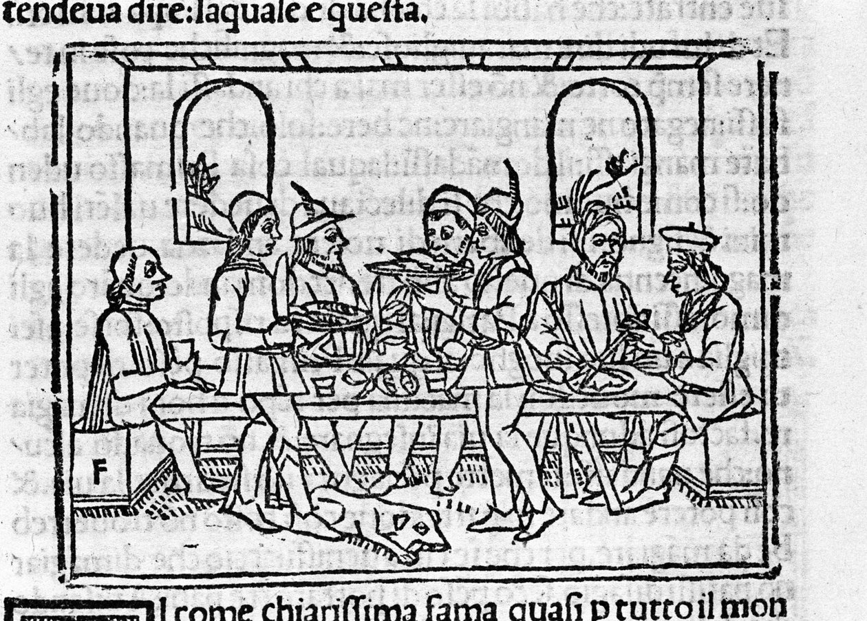 Banketscène in aanwezigheid van leden van de Florentijnse adel. Illustratie voor de 