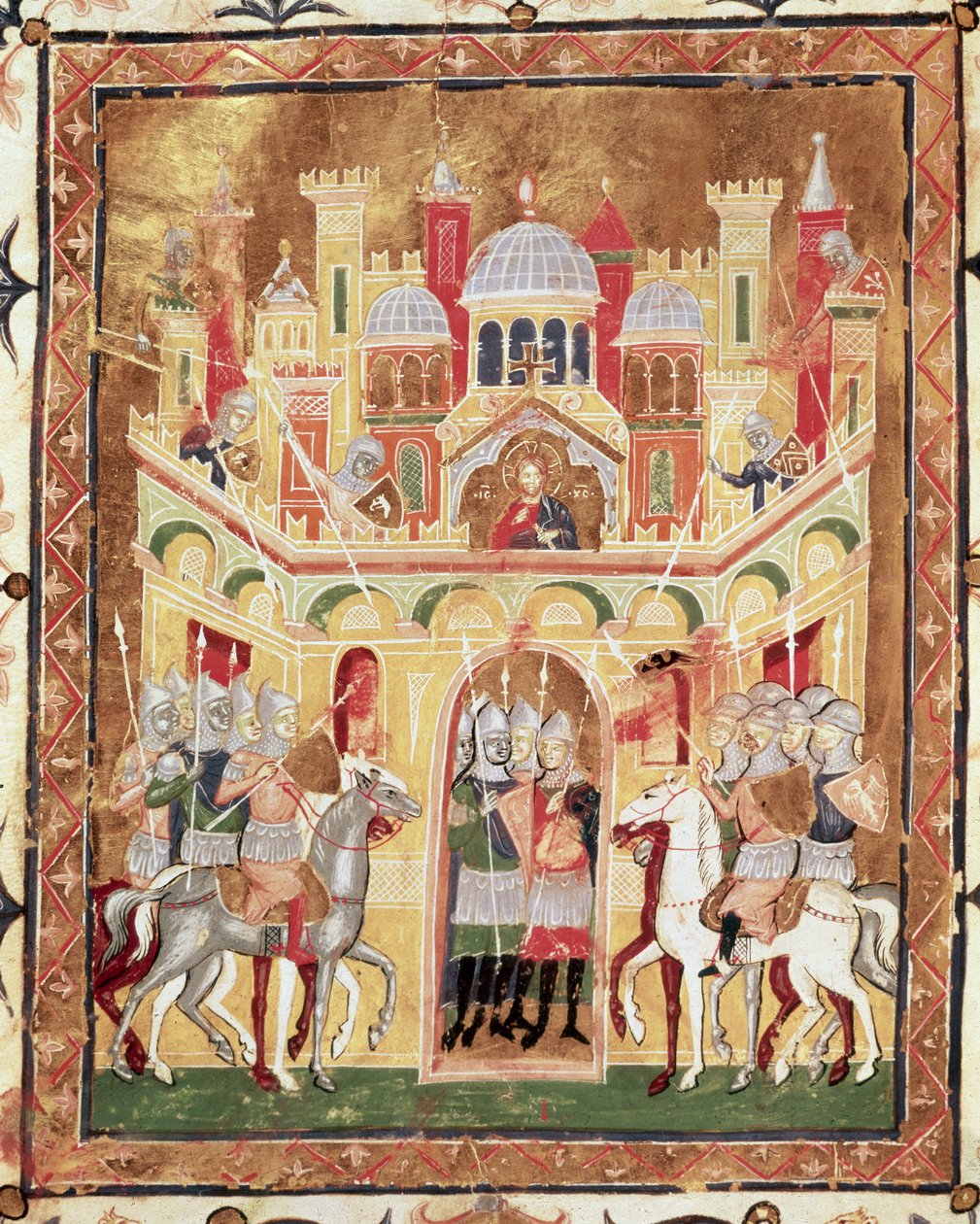 Slag bij de muren van Jeruzalem, uit Descriptio Terrae Sanctae door Burcardus Theutonicus of Burchard van Mount Sion door Italian School