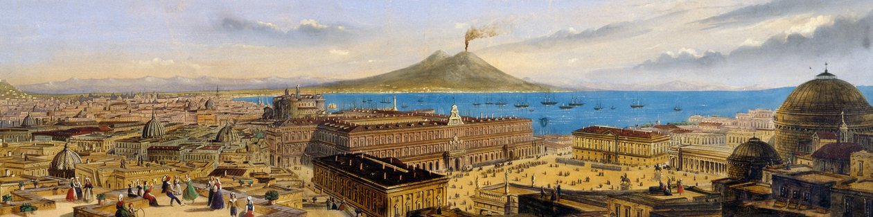 Vogelvlucht van het Koninklijk Paleis en Piazza Plebiscito in Napels, Italië door Italian School