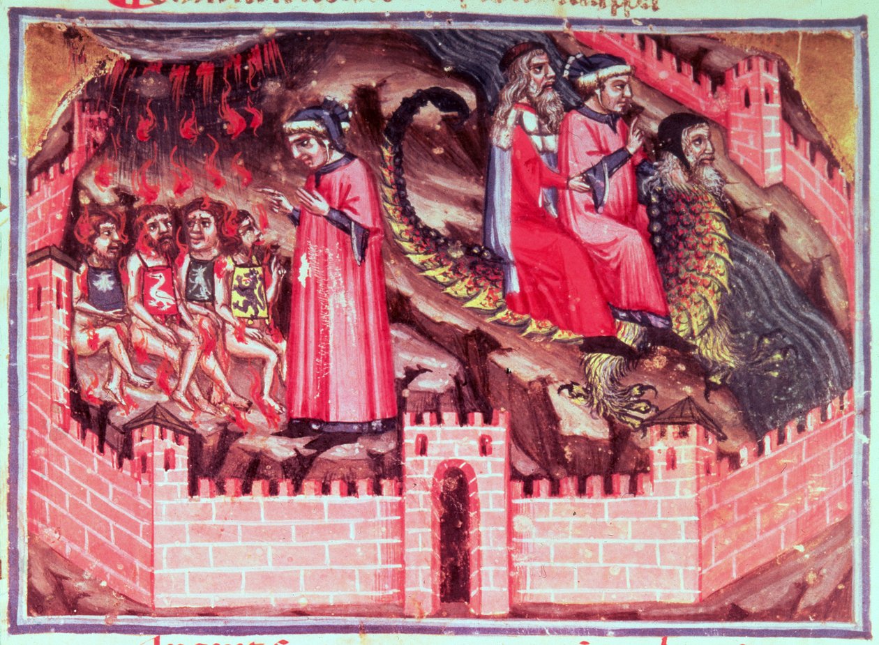 Canto XVII Vier Sodomieten: Dante en Vergilius rijden op de rug van Geryon in de Cirkel van de Bedriegers, uit de Goddelijke Komedie (de Inferno), ca.1313 door Italian School