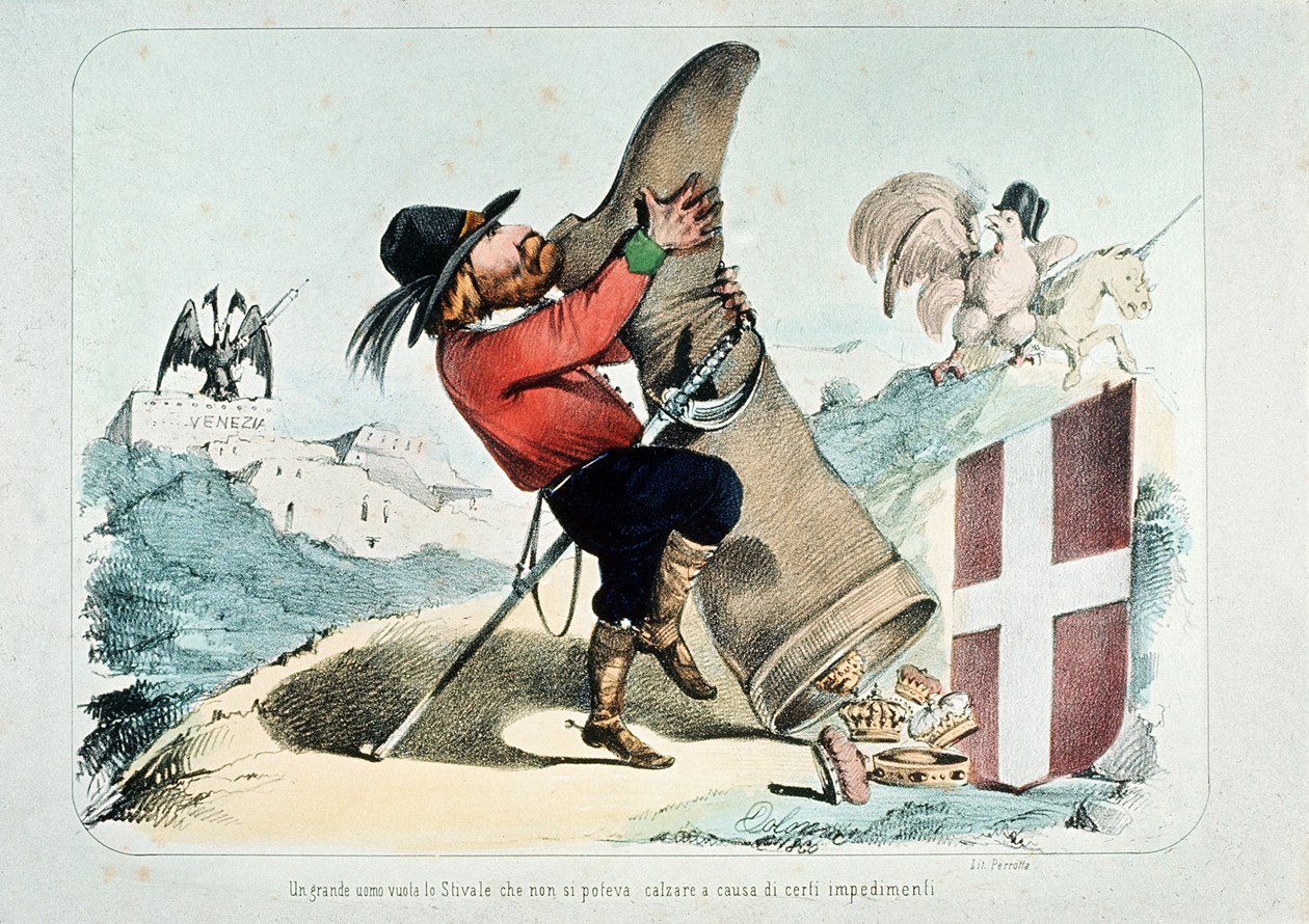 Karikatuur van Giuseppe Garibaldi die een laars vol kronen leegt, door Litografia Perrotta door Italian School