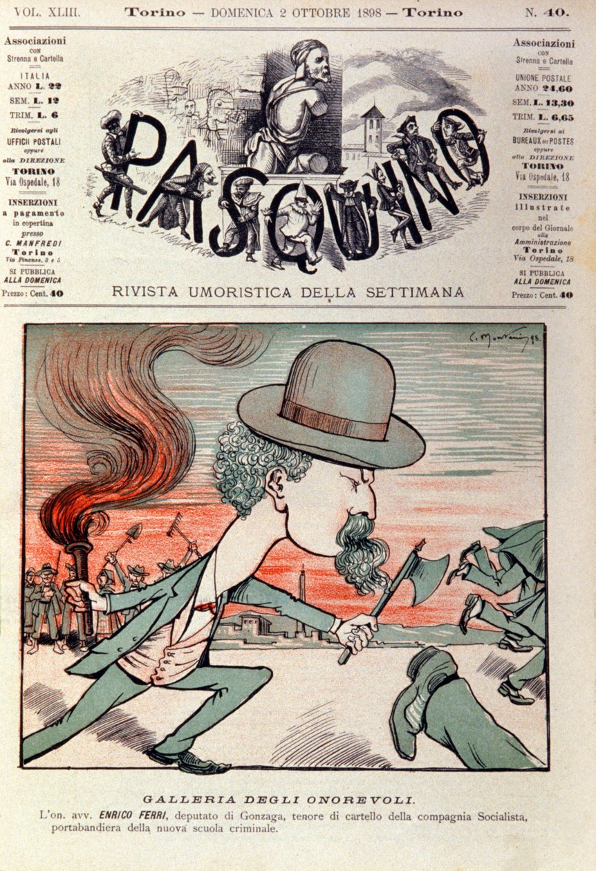 Cartoonportret van Enrico Ferri Italiaanse criminoloog en politiek activist in de Italiaanse Socialistische Partij. Cartoon in 