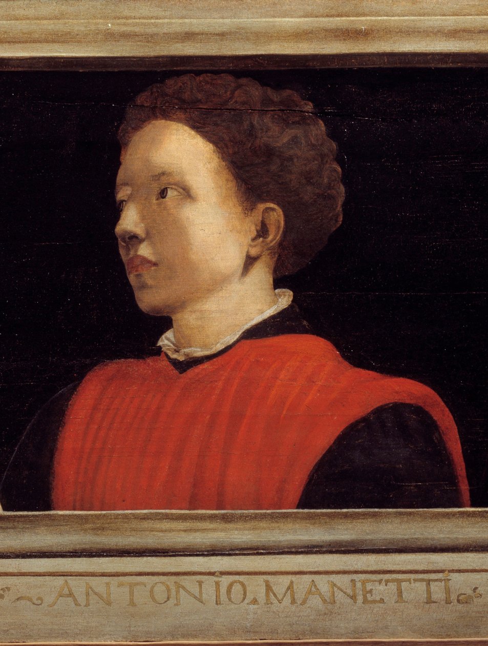 Cassone met 5 portretten van de Meester van de Florentijnse Renaissance detail met het portret van Manetti Rutilio di Lorenzo (1571-1639). Italiaanse school van de 16e eeuw. Het onderschrift hieronder is waarschijnlijk later toegevoegd. Musee du Louvre, Pa door Italian School