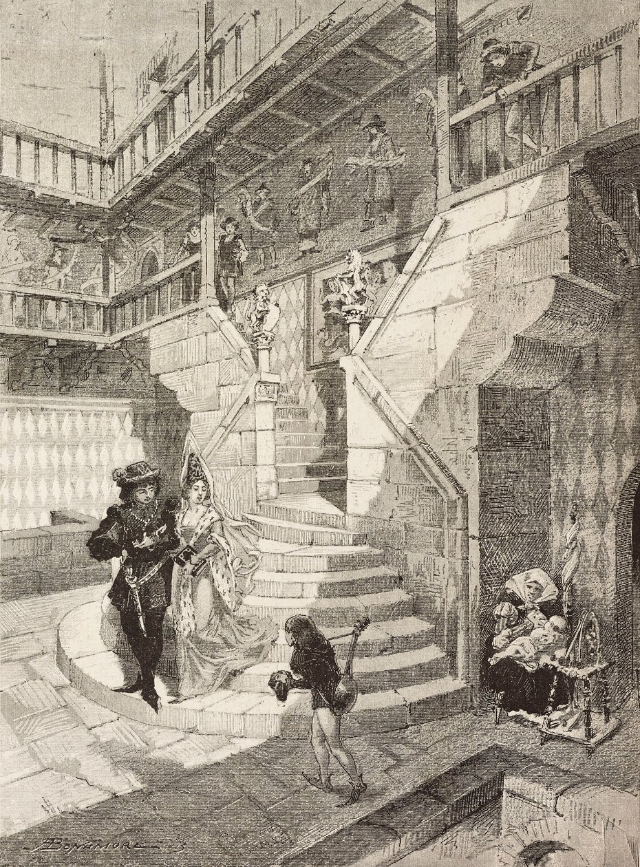 Kasteel binnenplaats, middeleeuws dorp in Turijn, Italië, gravure door Bonamore uit L