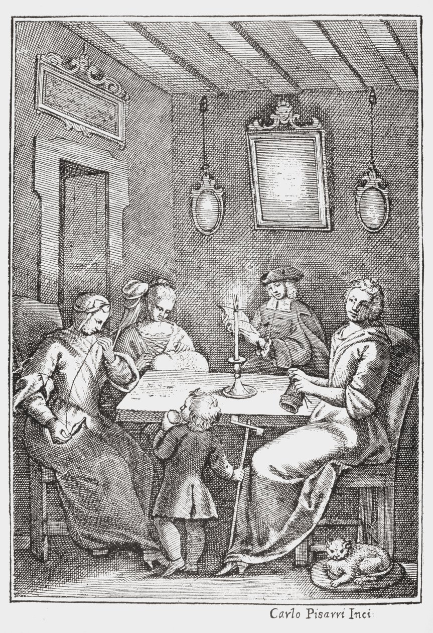 Chiaqlira leest verhalen voor aan een naaipartij, vooromslag van De Pentamerone van Giambattista Basile, 1742 door Italian School