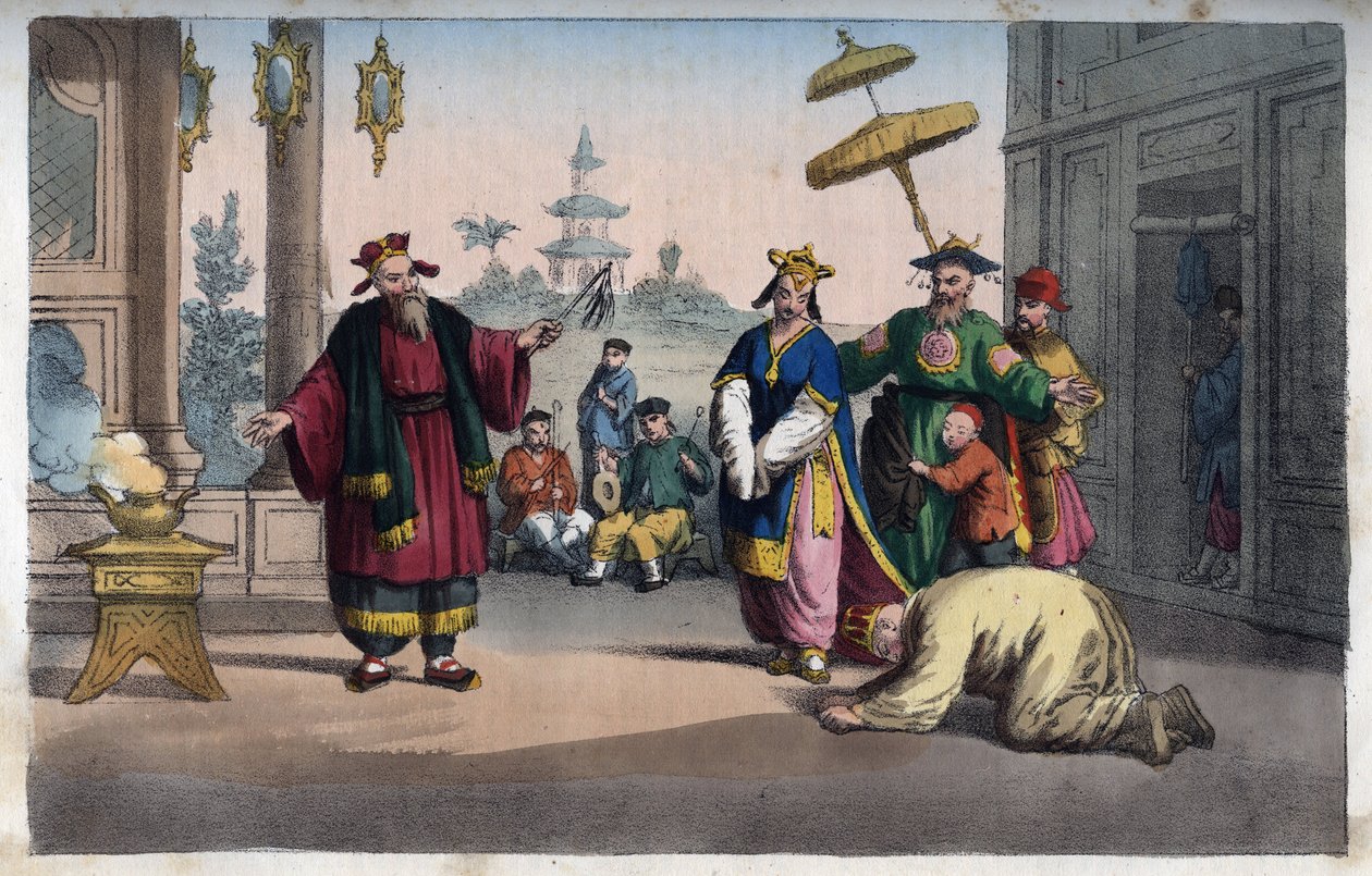 China - Een theatervoorstelling in de open lucht - gravure uit 