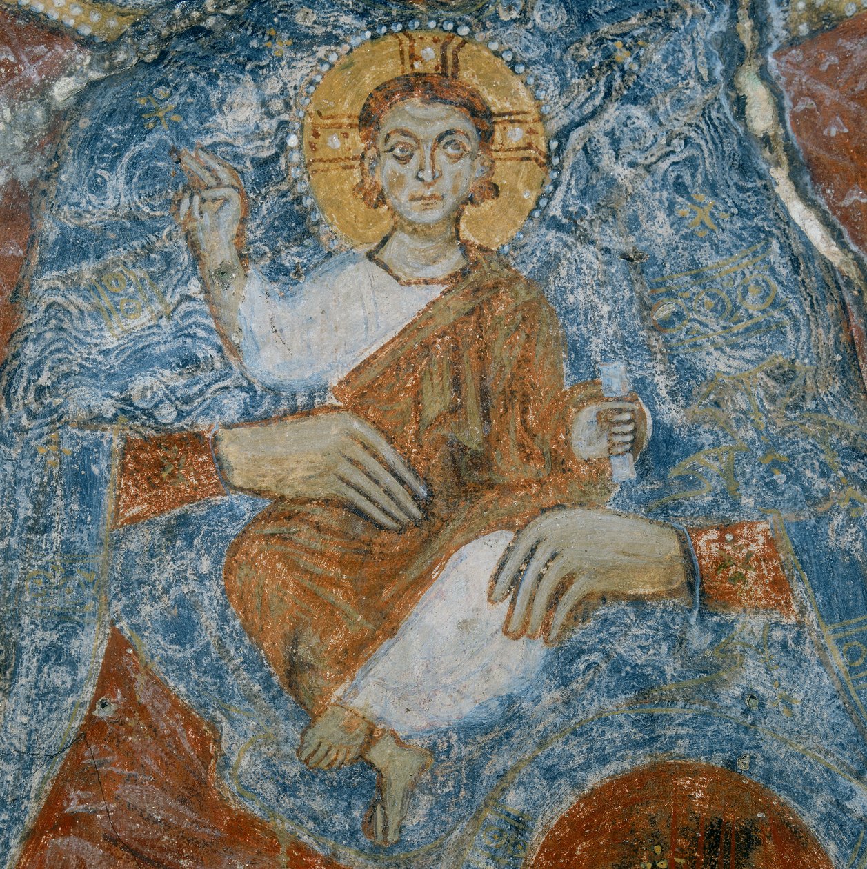 Christus, detail van de fresco van de Madonna en Kind met engelen Raffael en Gabriel door Italian School