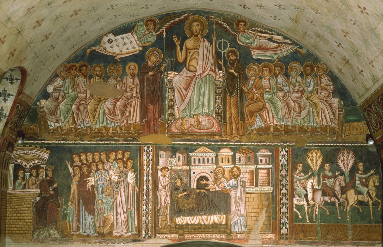 Christus op de troon tussen de Maagd, Johannes de Doper, de Apostelen en twee Engelen door Italian School