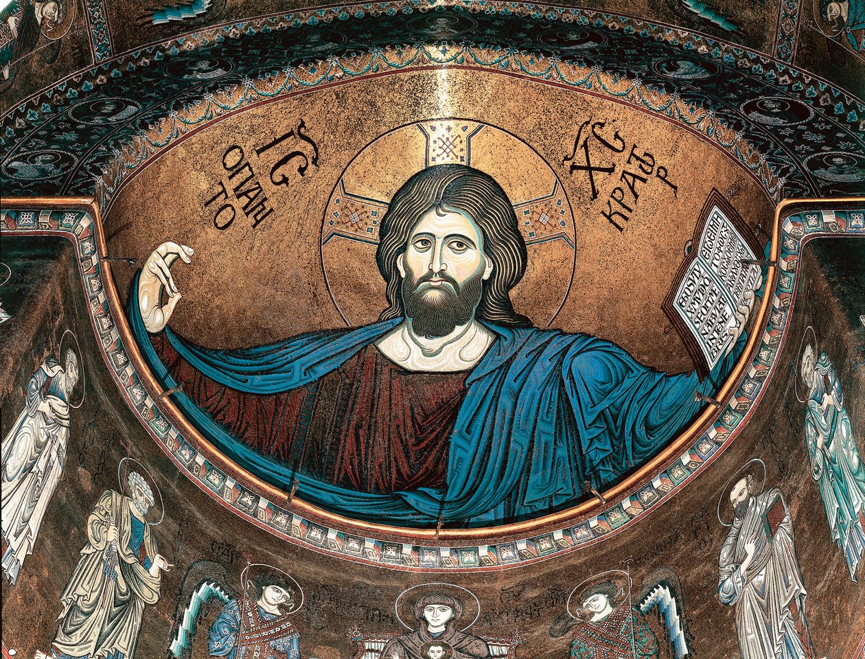 Christus Pantocrator of Christus in Glorie, decoratie van de apsis van de kathedraal van Monreale, Sicilië, Italië door Italian School