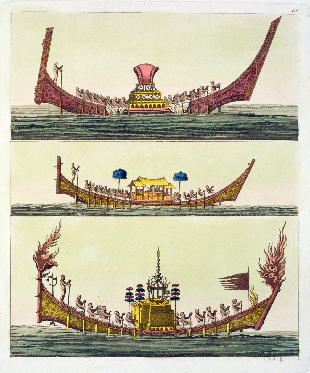 Cochin-Chinese schepen, illustratie uit Le Costume Ancien et Moderne door Giulio Ferrario, gepubliceerd ca. 1820s-30s door Italian School