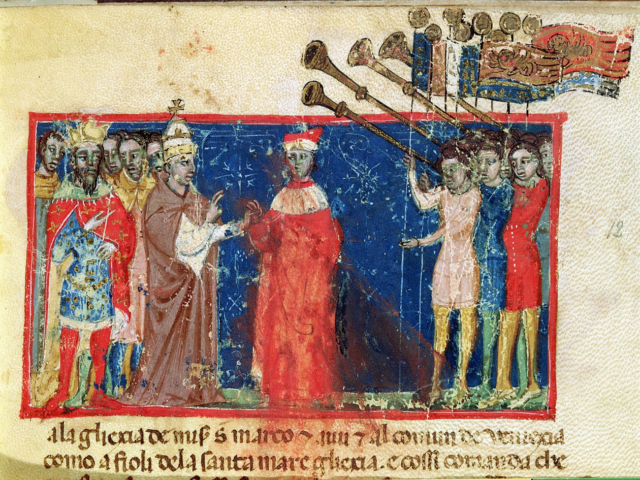 Doge Sebastiani Ziani ontvangt een verzoekschrift van Paus Alexander III (1159-81) en Keizer Frederik Barbarossa (c.1123-90) door Italian School