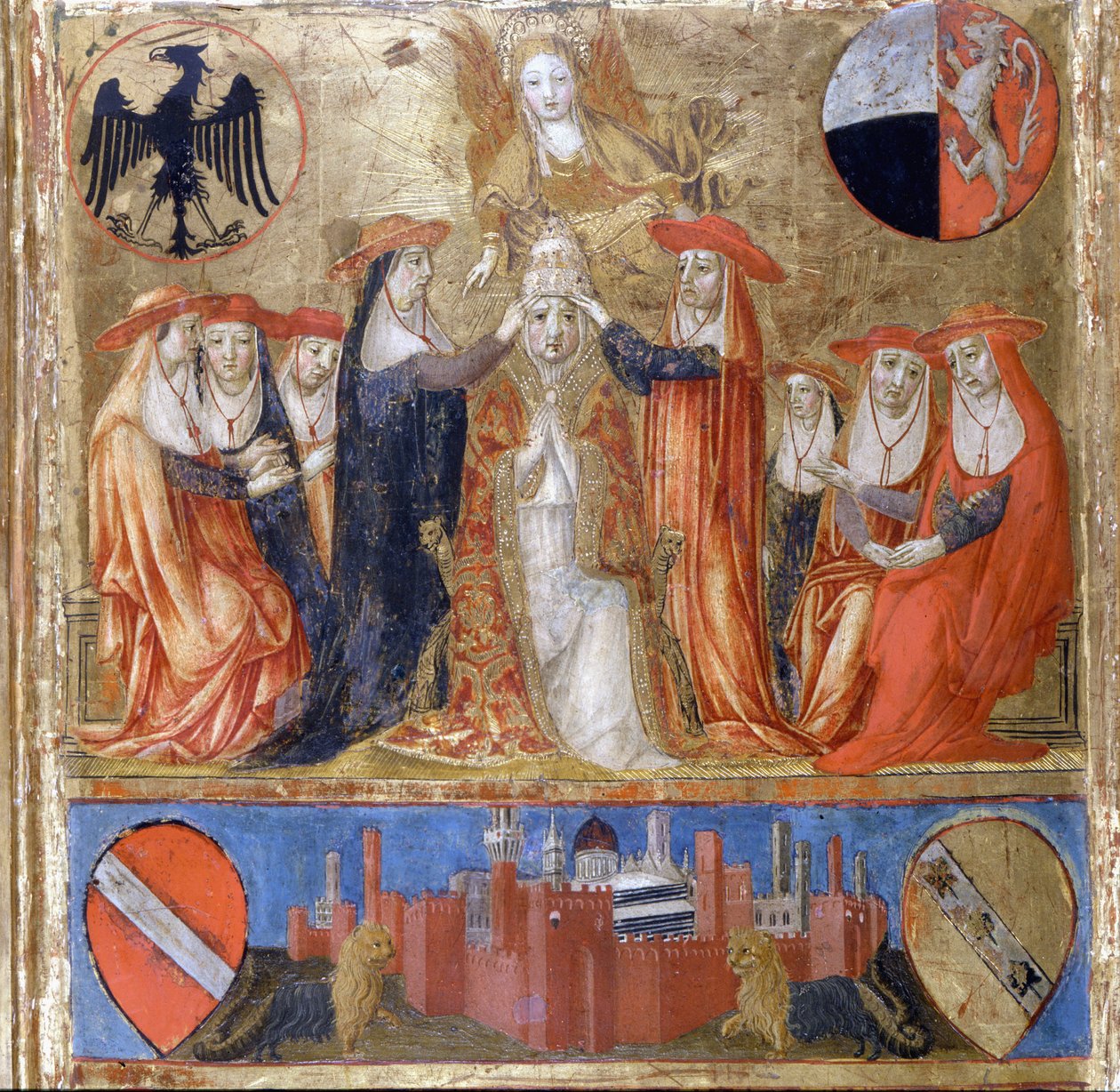 Kroning van Pius II (Enea Silvio Piccolomini) (1405 tot 1464). Italiaanse Paus (1458 - 1464). Beneden is de versterkte stad Siena. Bicherna (omslag van het boekhoudregister van de stad Siena) uit 1460. Nationaal Archief - Museo delle Tavolette de B door Italian School