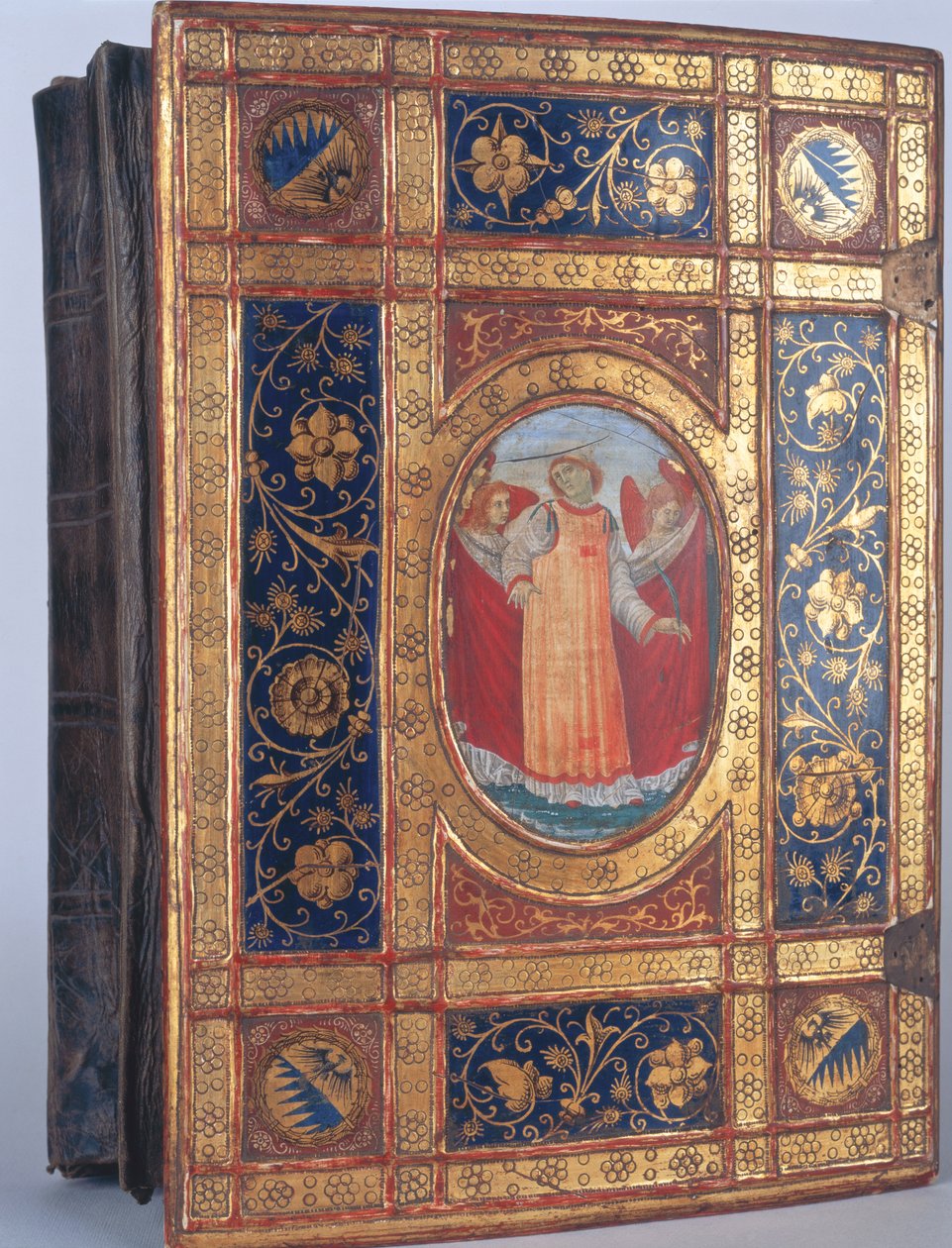Omslag van een Italiaans manuscript met St. Laurentius (bladgoud & polychroom op hout) door Italian School