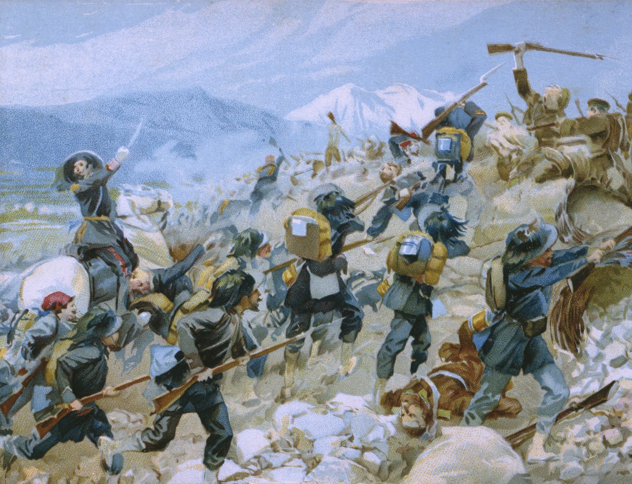 Krimoorlog en de slag bij Chernaya, 16 augustus 1855, illustratie uit een album over de geschiedenis van Risorgimento gemaakt voor de chocolade Talmone, eind 19e eeuw door Italian School