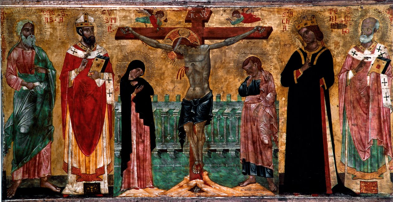 Kruisiging en heiligen. Houtschilderij door anonieme kunstenaar van de Veneto-Byzantijnse school. Venetië, Museo Correr door Italian School